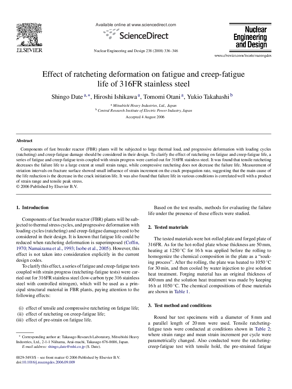 Effect of ratcheting deformation on fatigue and creep-fatigue life of 316FR stainless steel