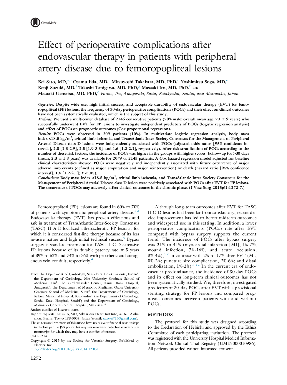 اثر عوارض پس از عمل بعد از درمان آندوسکوپی در بیماران مبتلا به بیماری شریان محیطی به علت ضایعات فموروپلاستی 