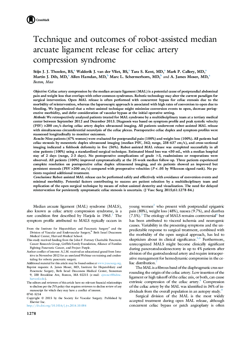 Technique and outcomes of robot-assisted median arcuate ligament release for celiac artery compression syndrome 