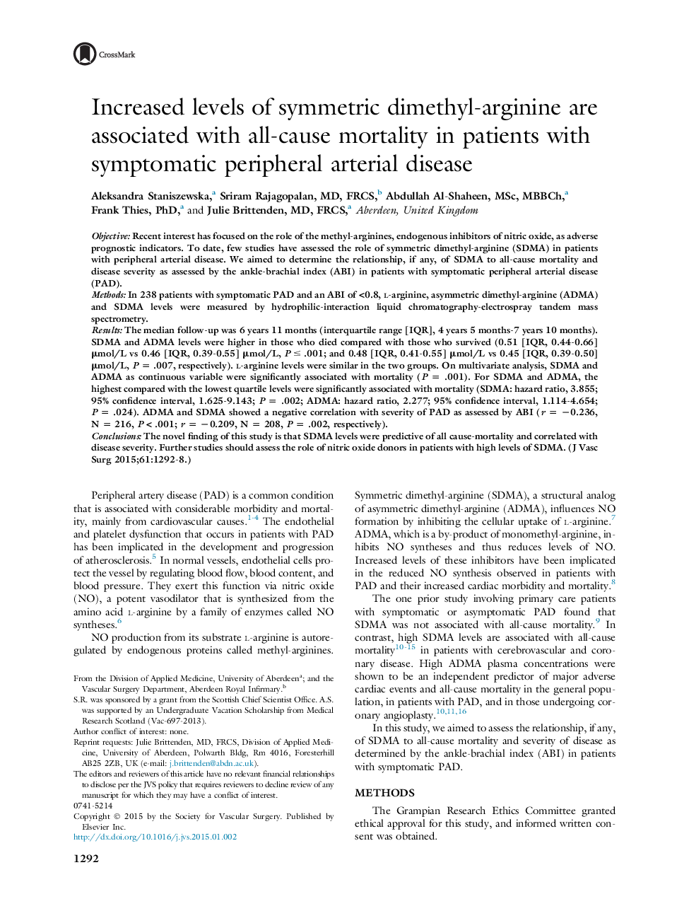 Increased levels of symmetric dimethyl-arginine are associated with all-cause mortality in patients with symptomatic peripheral arterial disease 