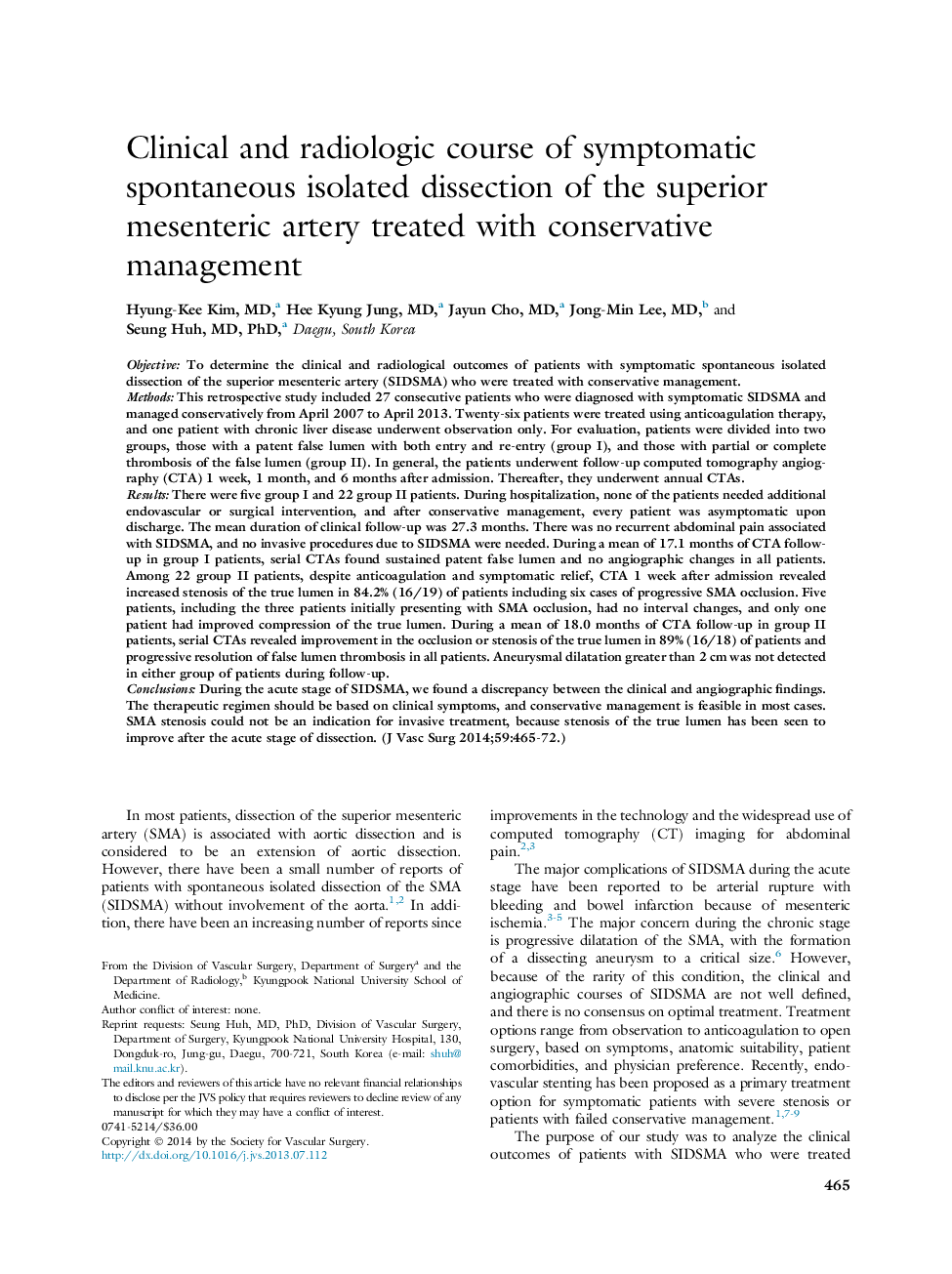 Clinical and radiologic course of symptomatic spontaneous isolated dissection of the superior mesenteric artery treated with conservative management 