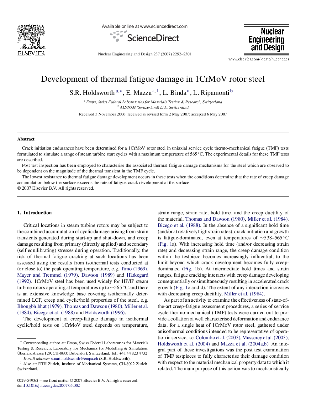 Development of thermal fatigue damage in 1CrMoV rotor steel