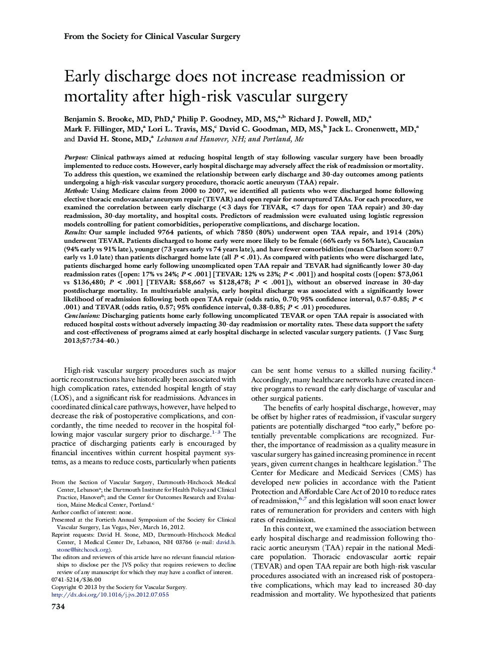 Early discharge does not increase readmission or mortality after high-risk vascular surgery 