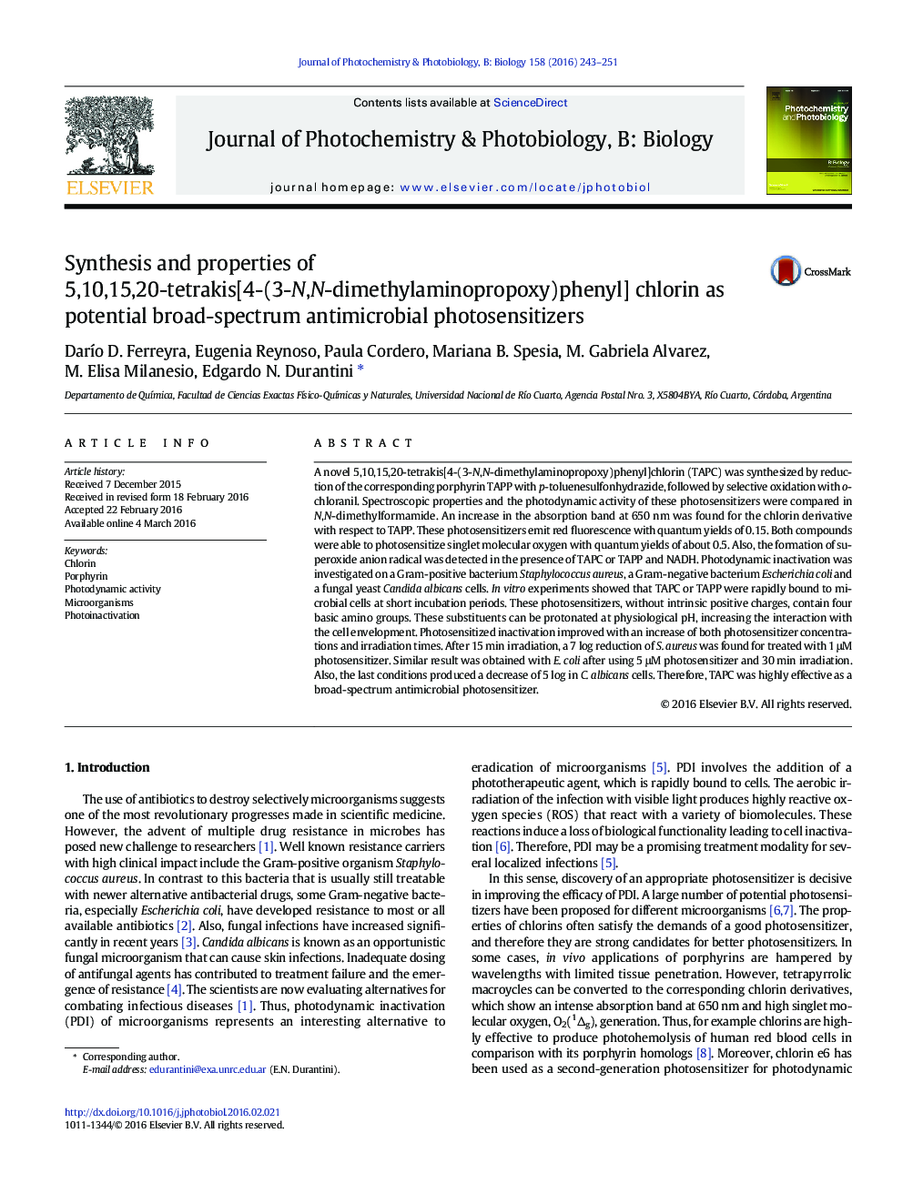 Synthesis and properties of 5,10,15,20-tetrakis[4-(3-N,N-dimethylaminopropoxy)phenyl] chlorin as potential broad-spectrum antimicrobial photosensitizers