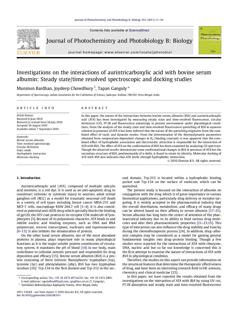 Investigations on the interactions of aurintricarboxylic acid with bovine serum albumin: Steady state/time resolved spectroscopic and docking studies