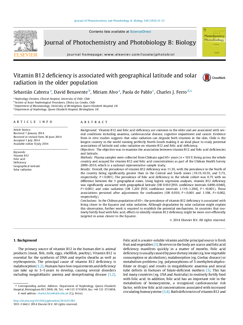 Vitamin B12 deficiency is associated with geographical latitude and solar radiation in the older population