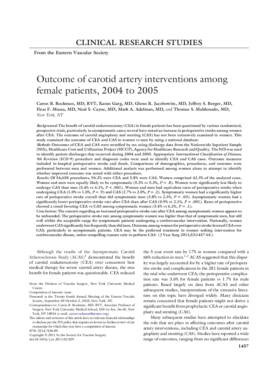 Outcome of carotid artery interventions among female patients, 2004 to 2005 
