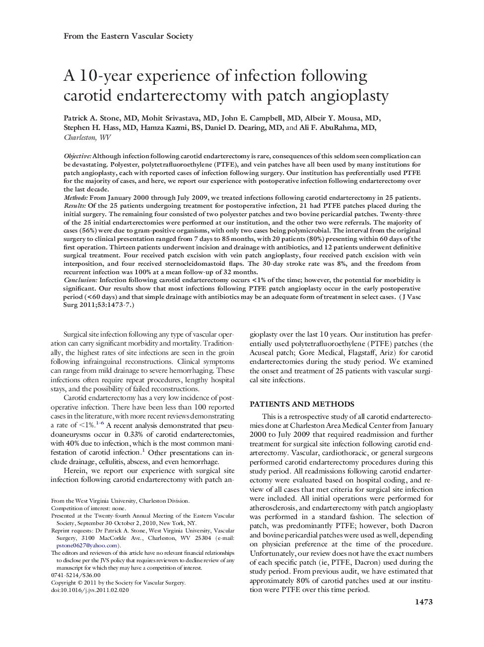A 10-year experience of infection following carotid endarterectomy with patch angioplasty 