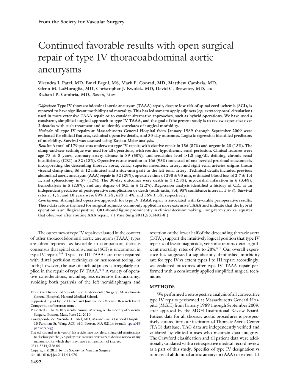 Continued favorable results with open surgical repair of type IV thoracoabdominal aortic aneurysms 