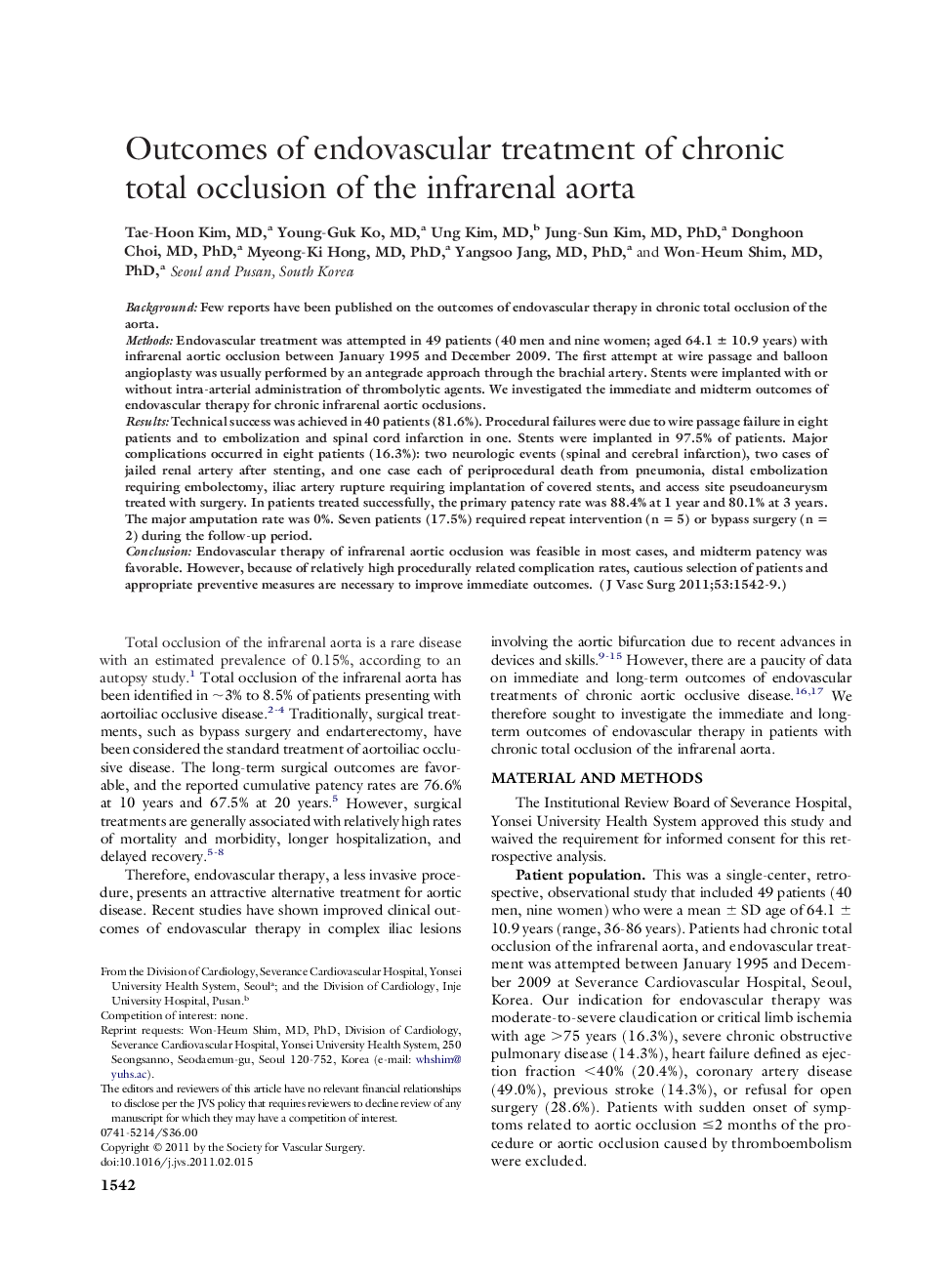 Outcomes of endovascular treatment of chronic total occlusion of the infrarenal aorta 