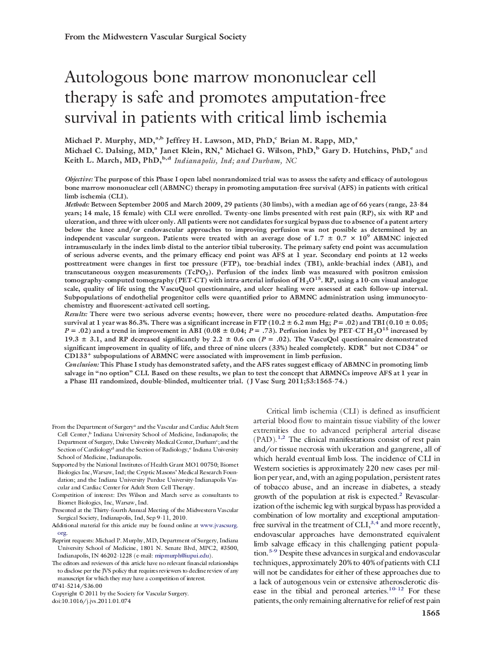 Autologous bone marrow mononuclear cell therapy is safe and promotes amputation-free survival in patients with critical limb ischemia