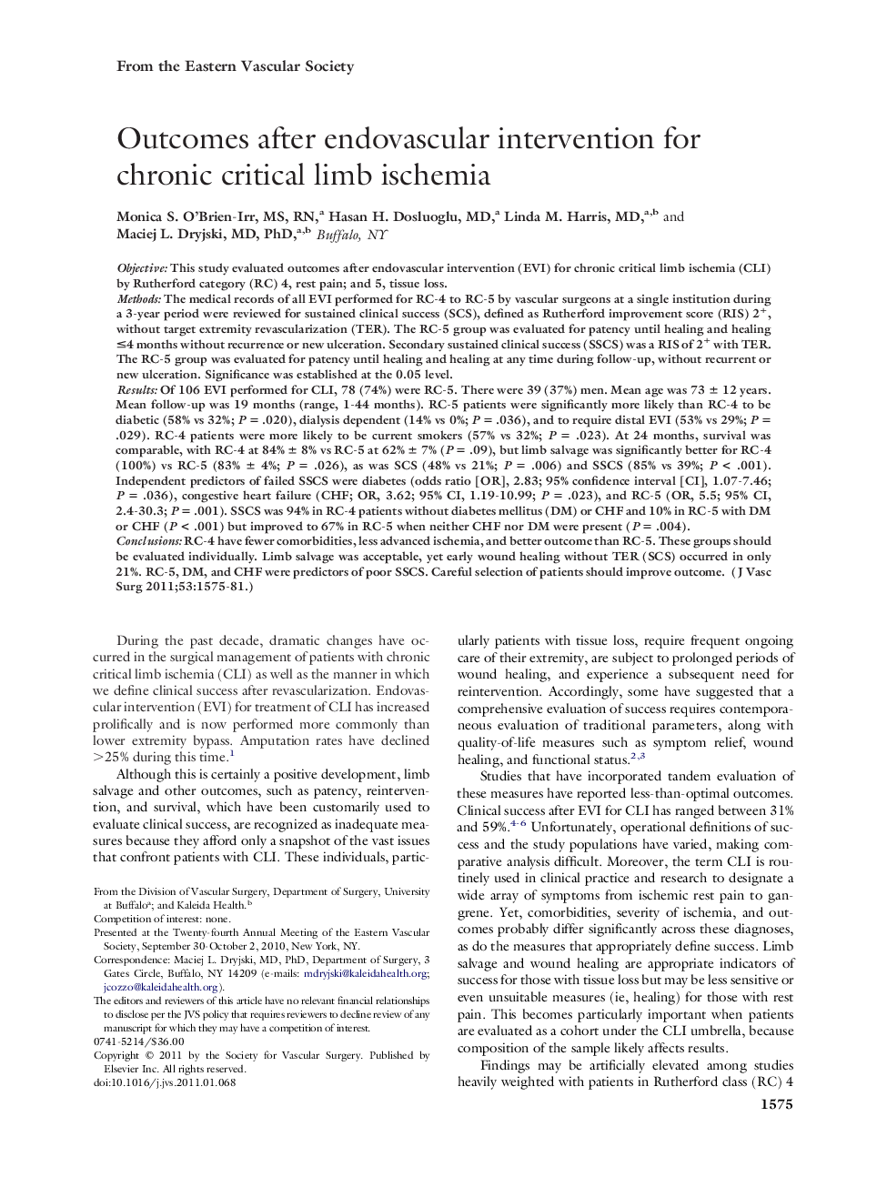 Outcomes after endovascular intervention for chronic critical limb ischemia 