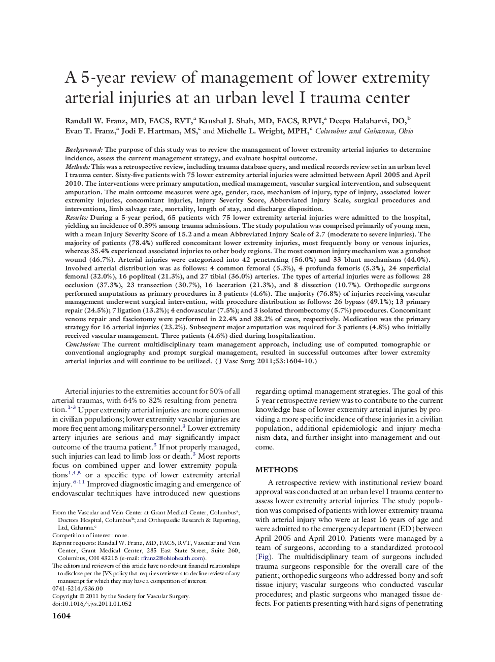 A 5-year review of management of lower extremity arterial injuries at an urban level I trauma center 