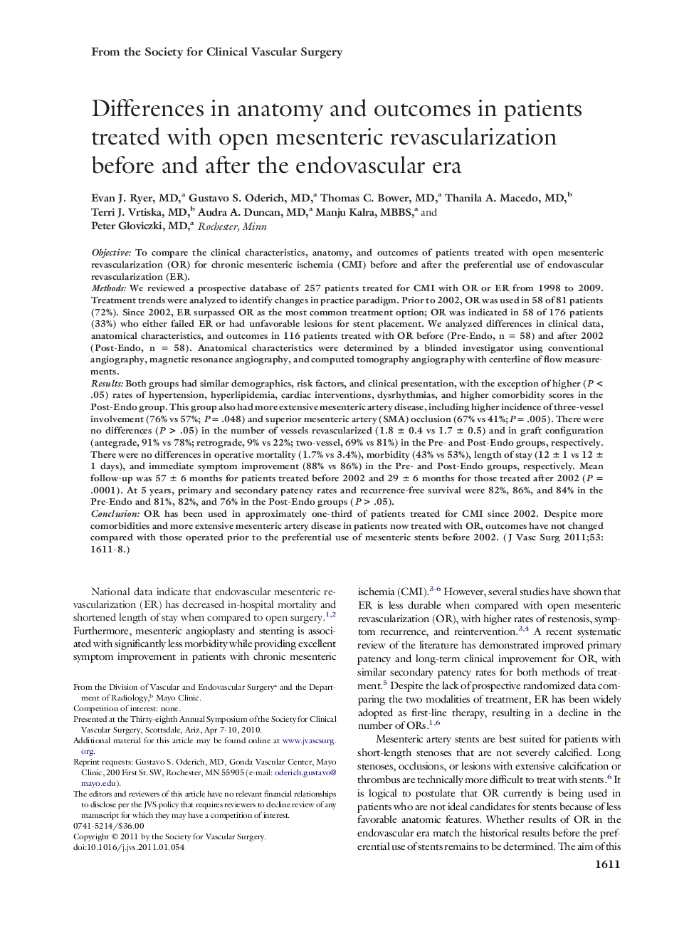 Differences in anatomy and outcomes in patients treated with open mesenteric revascularization before and after the endovascular era
