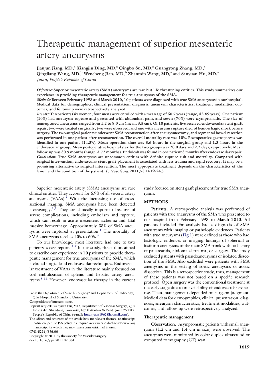 Therapeutic management of superior mesenteric artery aneurysms 