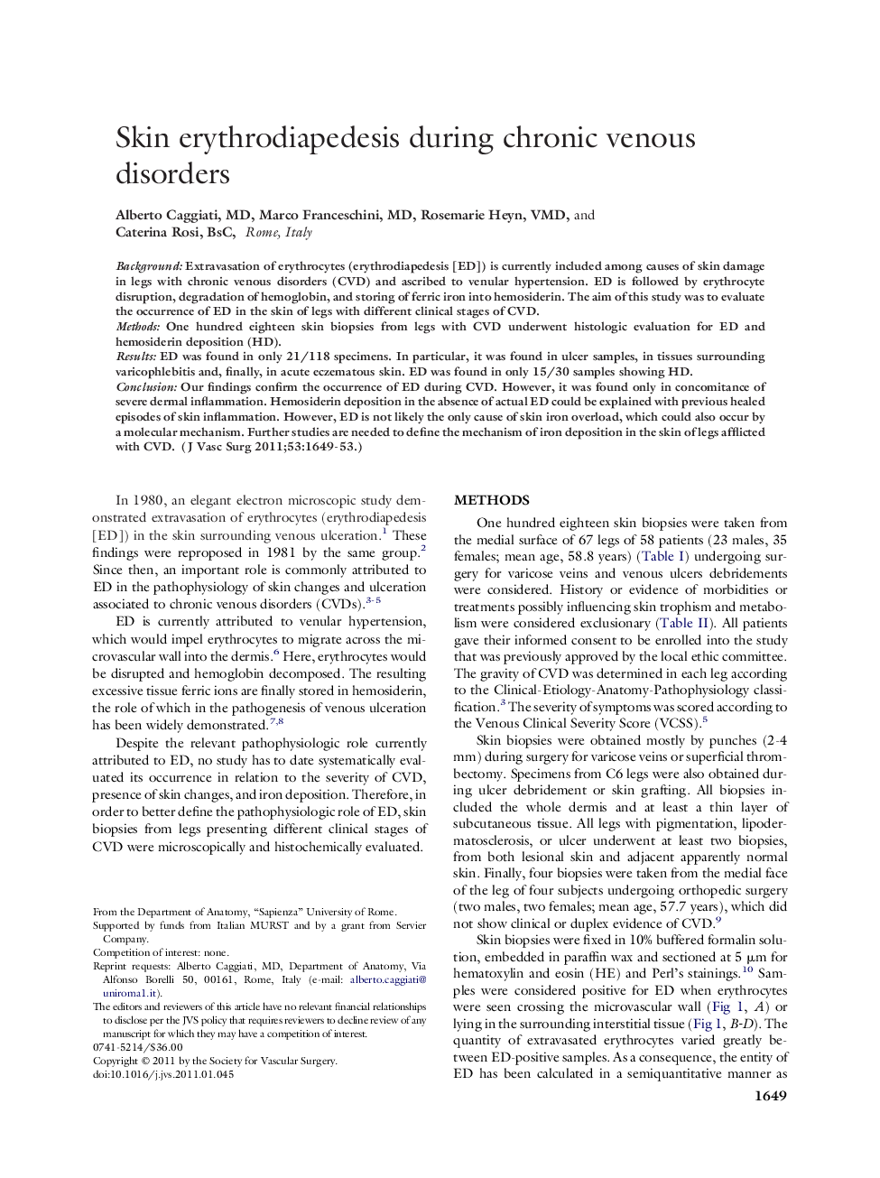 Skin erythrodiapedesis during chronic venous disorders 