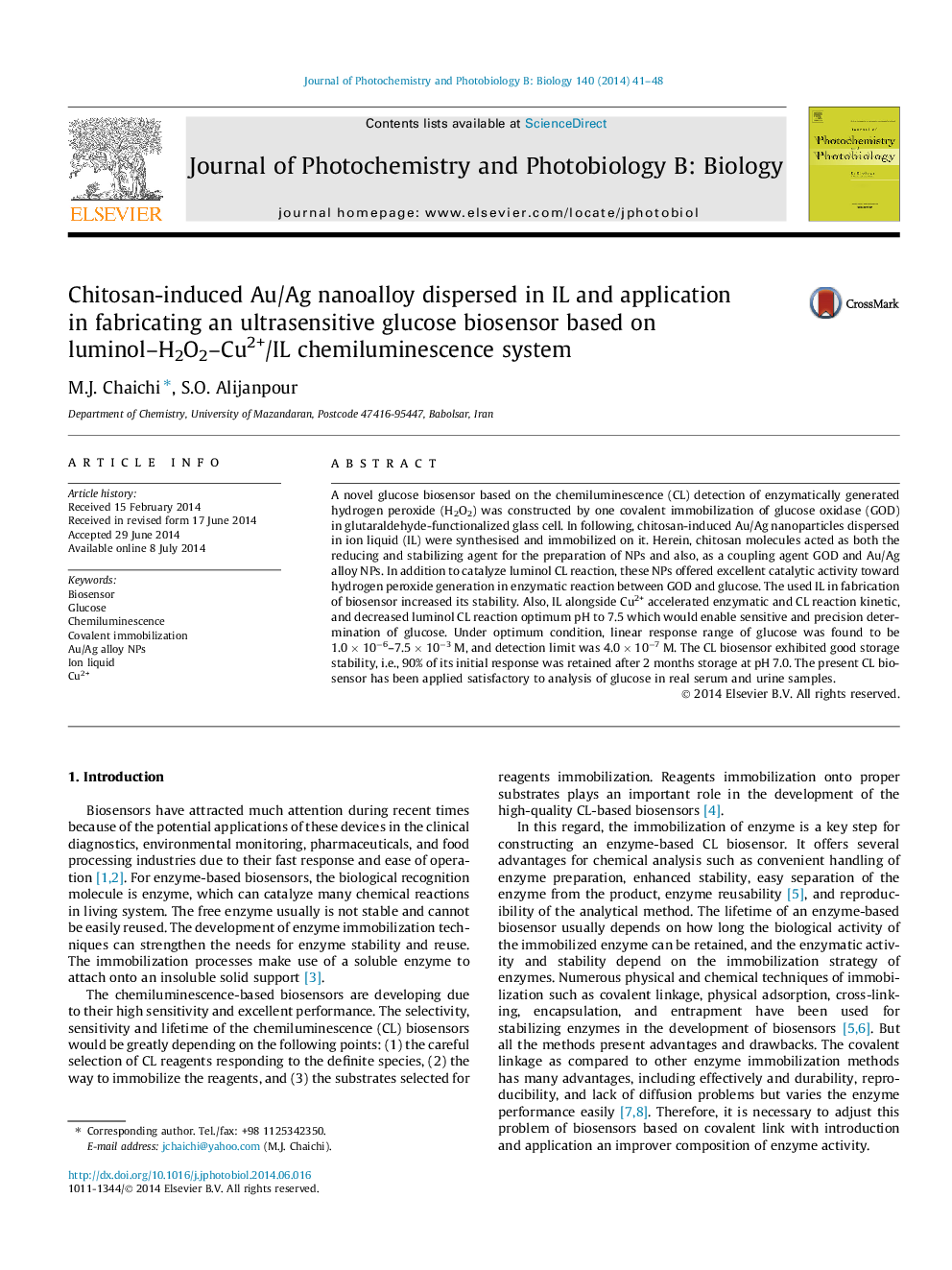 Chitosan-induced Au/Ag nanoalloy dispersed in IL and application in fabricating an ultrasensitive glucose biosensor based on luminol–H2O2–Cu2+/IL chemiluminescence system