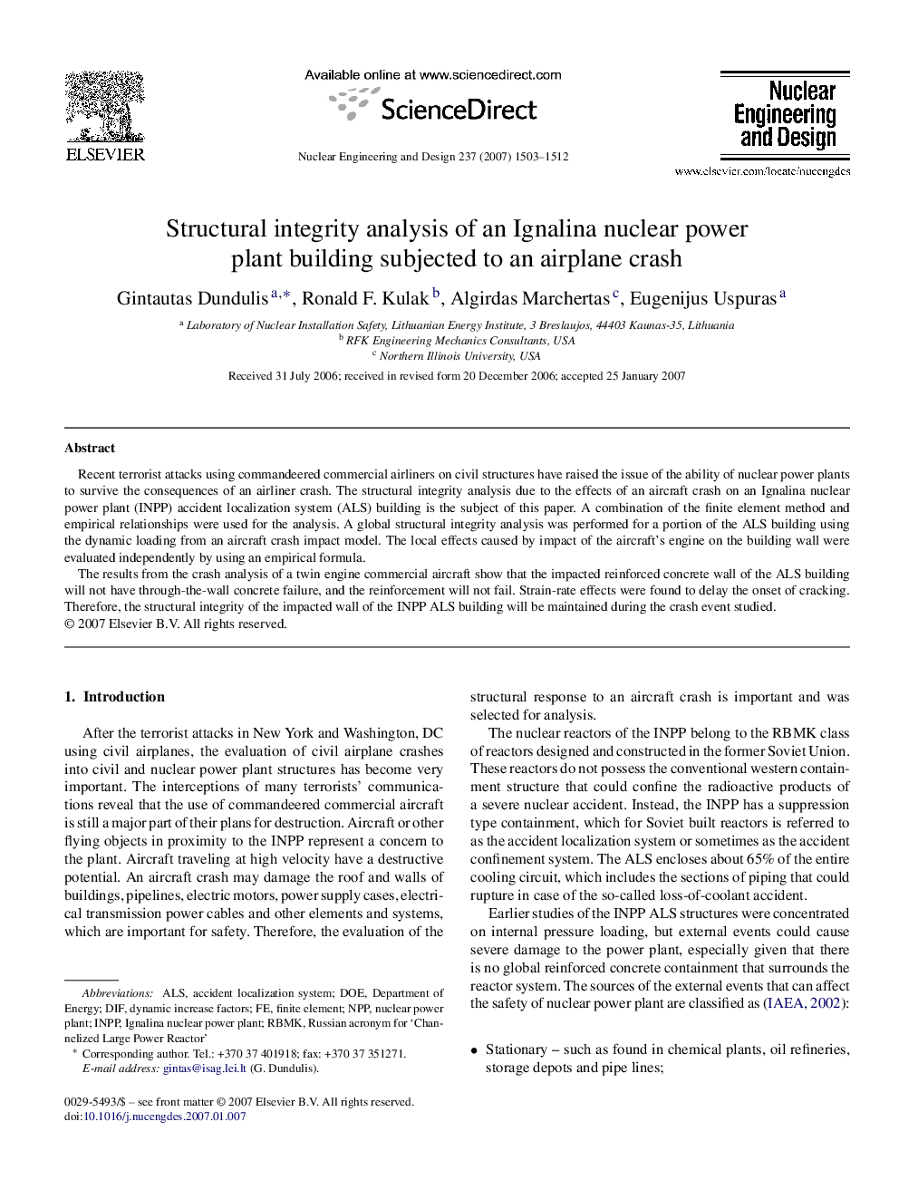 Structural integrity analysis of an Ignalina nuclear power plant building subjected to an airplane crash