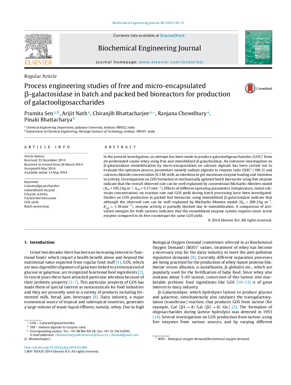 Process engineering studies of free and micro-encapsulated β-galactosidase in batch and packed bed bioreactors for production of galactooligosaccharides