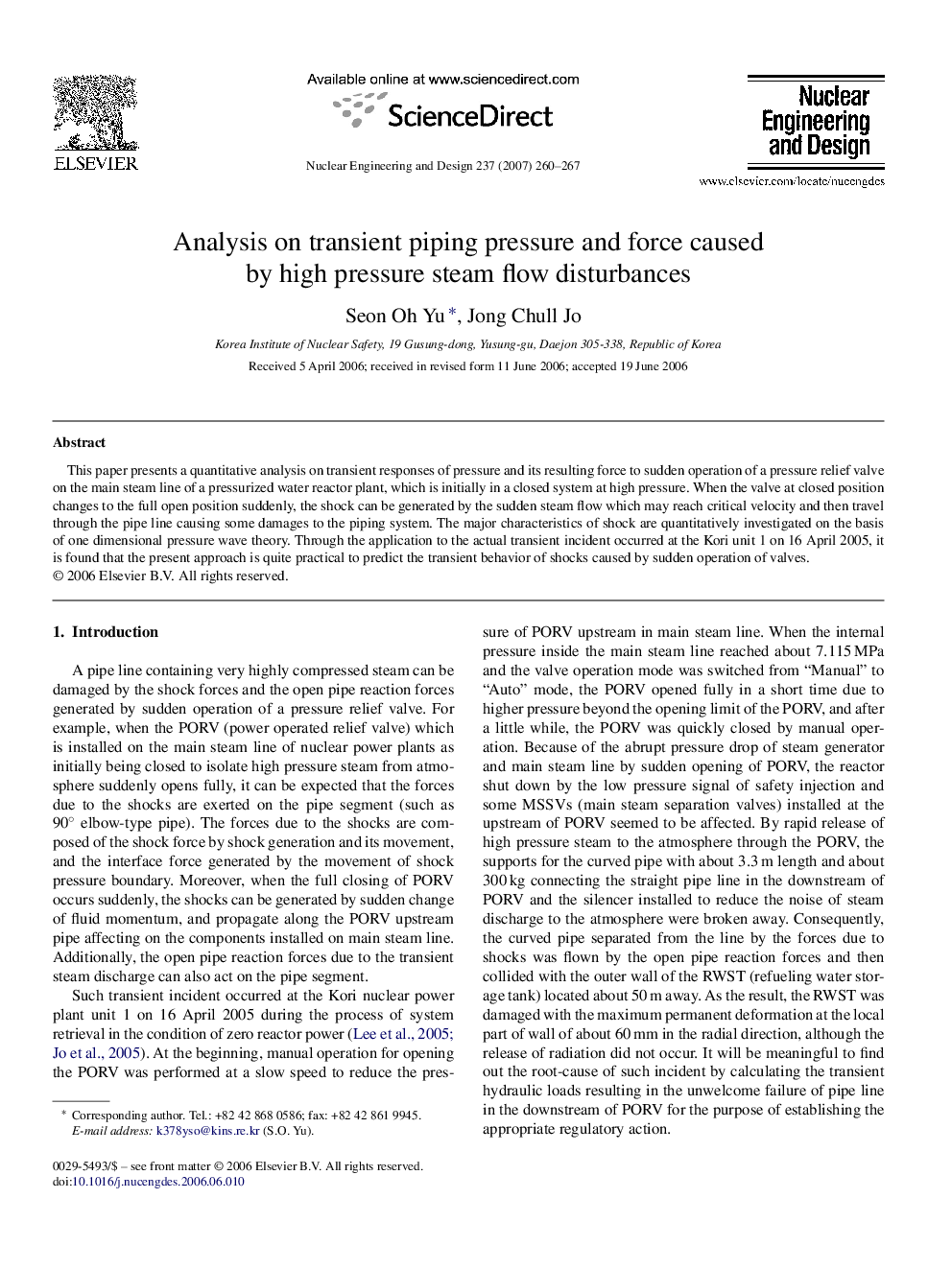 Analysis on transient piping pressure and force caused by high pressure steam flow disturbances