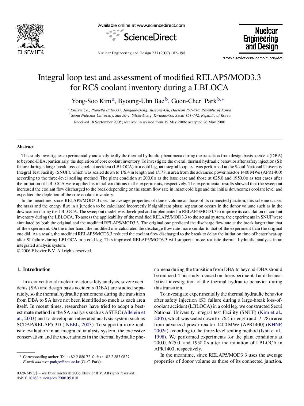 عکس صفحه اول مقاله: Integral loop test and assessment of modified RELAP5/MOD3.3 for RCS coolant inventory during a LBLOCA Integral loop test and assessment of modified RELAP5/MOD3.3 for RCS coolant inventory during a LBLOCA