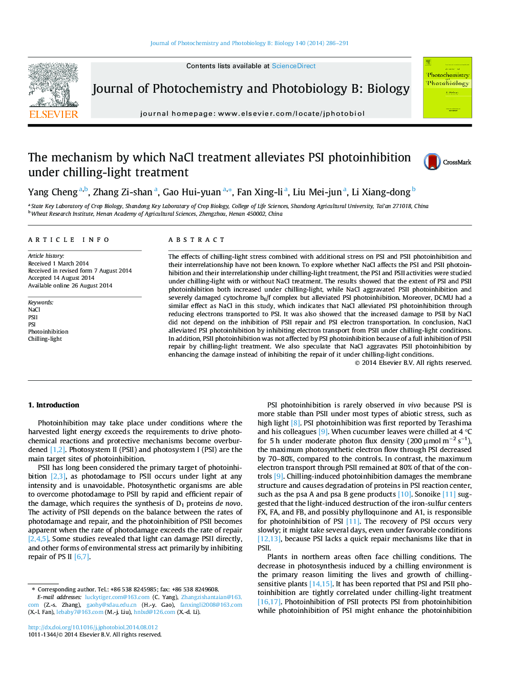 The mechanism by which NaCl treatment alleviates PSI photoinhibition under chilling-light treatment