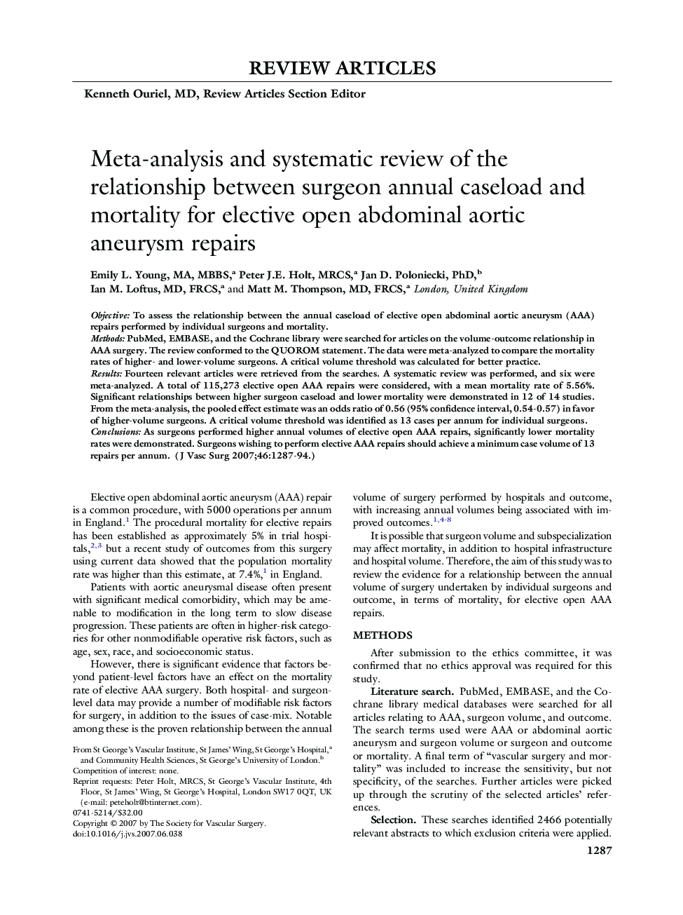 Meta-analysis and systematic review of the relationship between surgeon annual caseload and mortality for elective open abdominal aortic aneurysm repairs 
