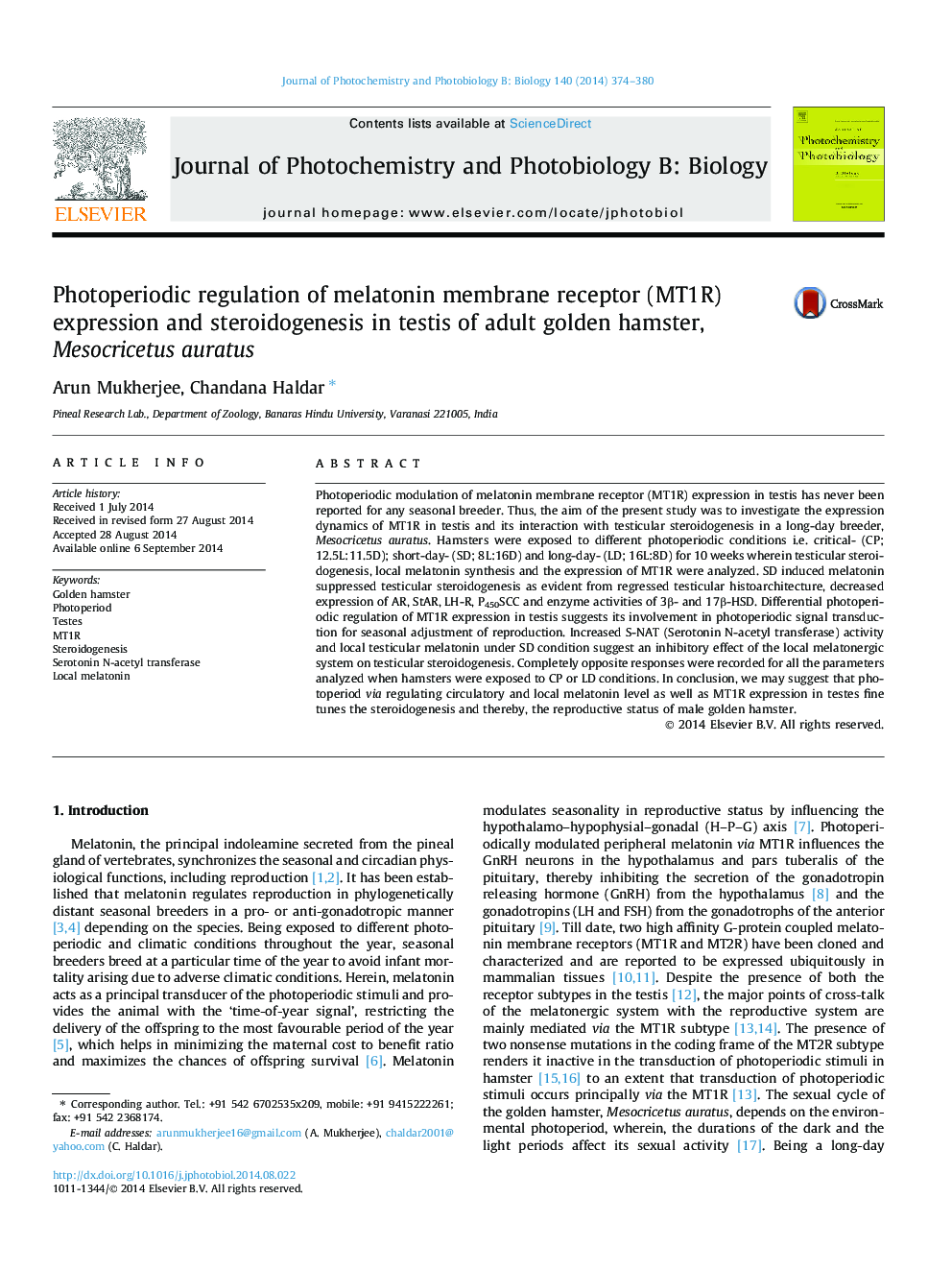 Photoperiodic regulation of melatonin membrane receptor (MT1R) expression and steroidogenesis in testis of adult golden hamster, Mesocricetus auratus