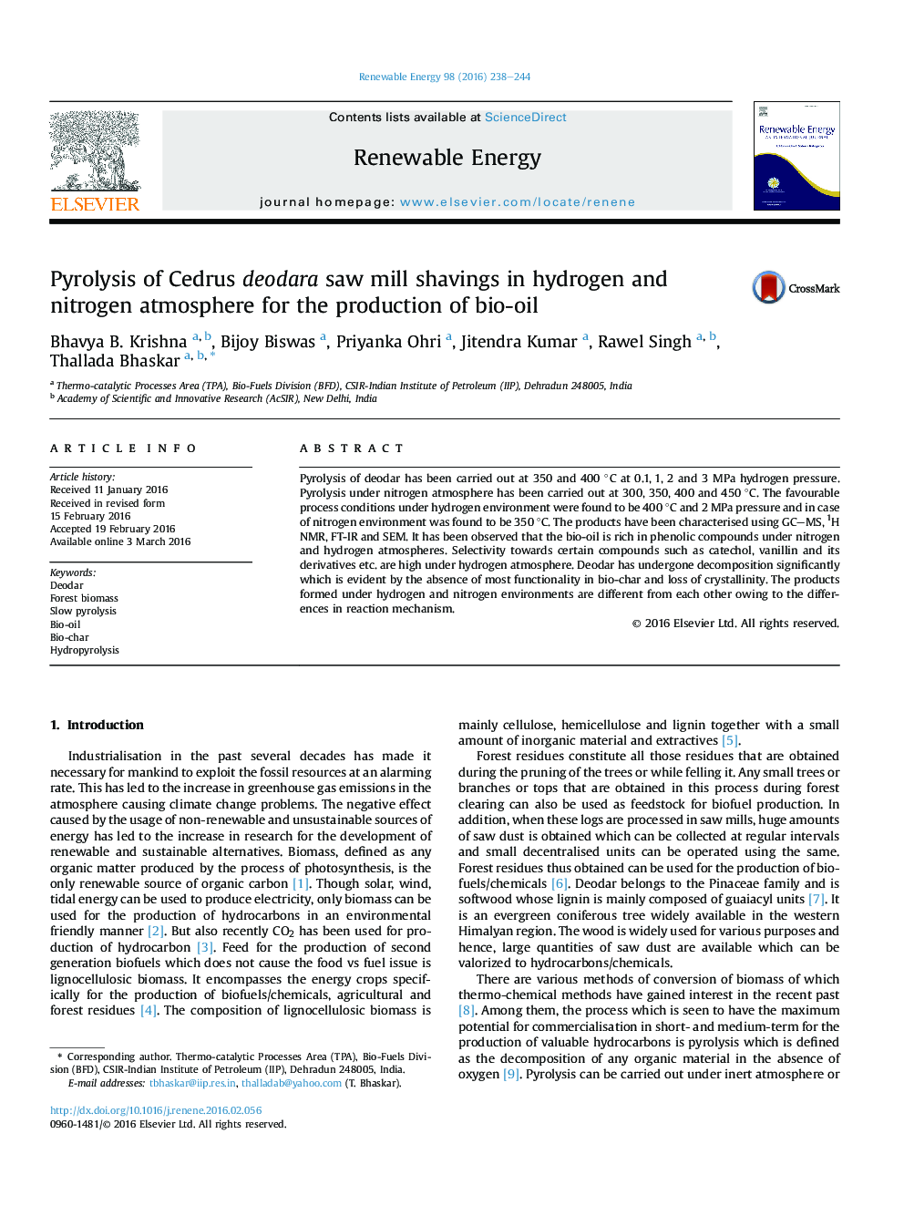 Pyrolysis of Cedrus deodara saw mill shavings in hydrogen and nitrogen atmosphere for the production of bio-oil