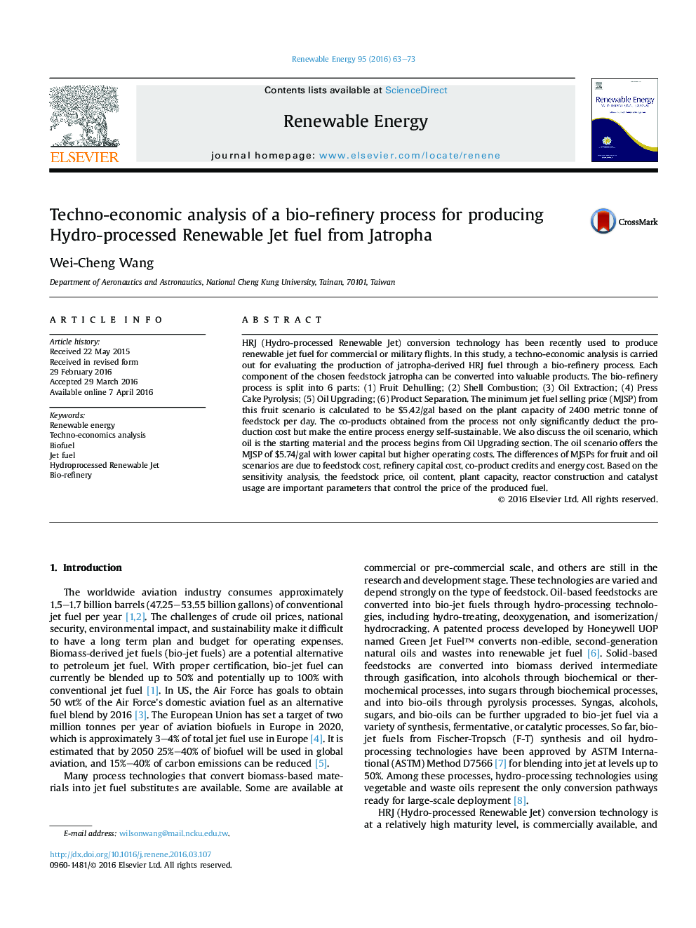 Techno-economic analysis of a bio-refinery process for producing Hydro-processed Renewable Jet fuel from Jatropha