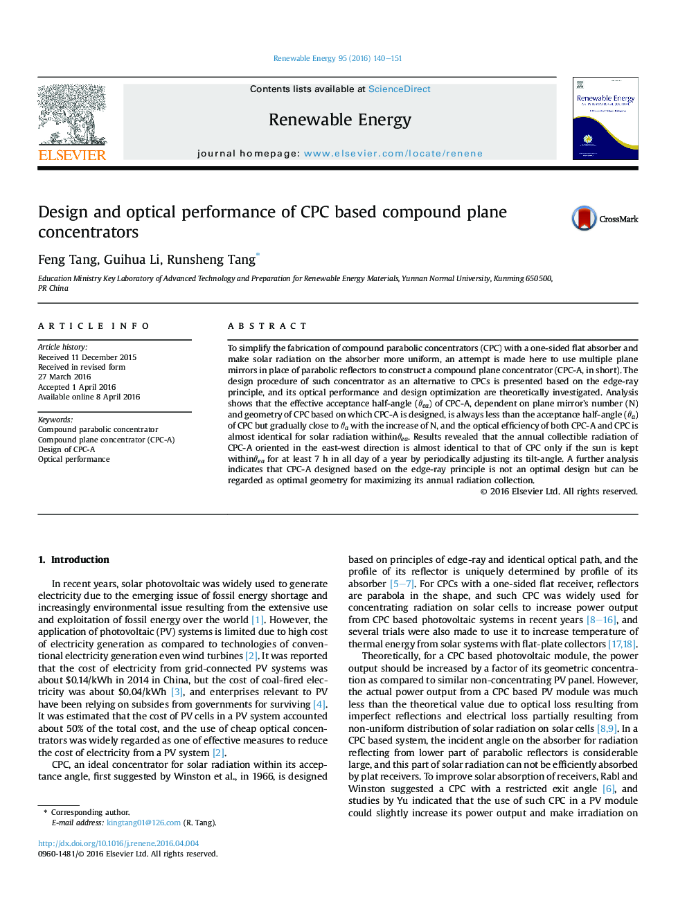 Design and optical performance of CPC based compound plane concentrators