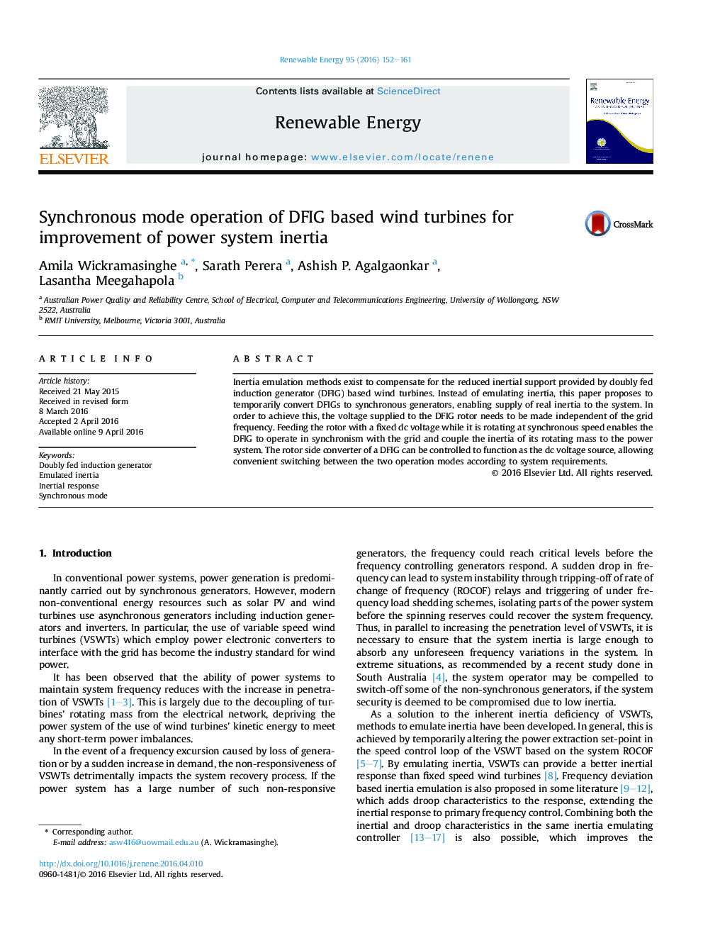 Synchronous mode operation of DFIG based wind turbines for improvement of power system inertia