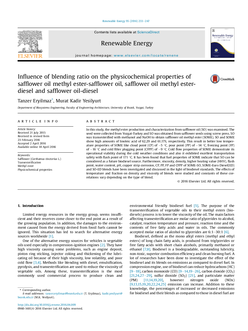 Influence of blending ratio on the physicochemical properties of safflower oil methyl ester-safflower oil, safflower oil methyl ester-diesel and safflower oil-diesel