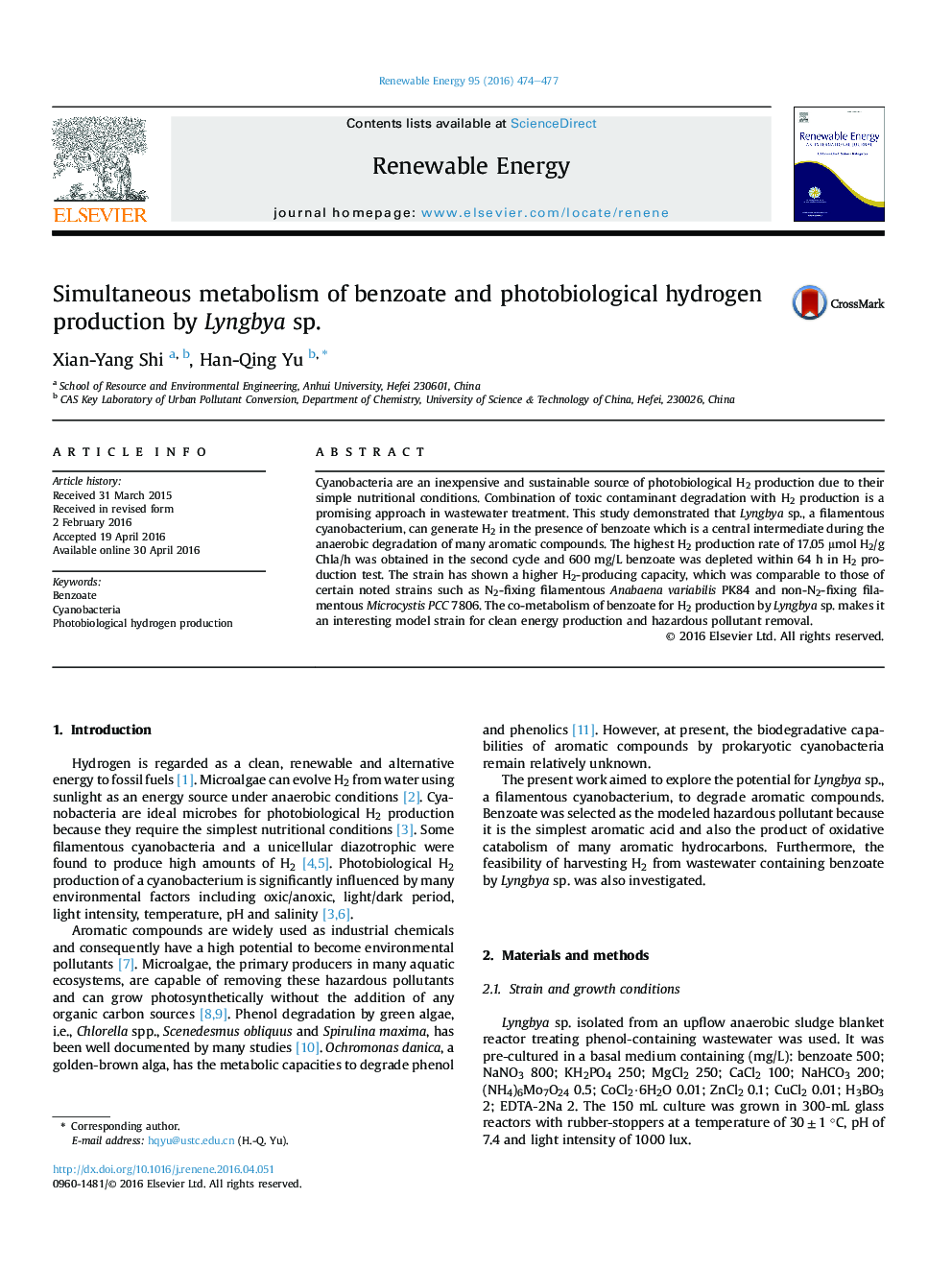 متابولیسم همزمان بنزوات و تولید هیدروژن فوتوبیولوژیکی توسط Lyngbya SP.