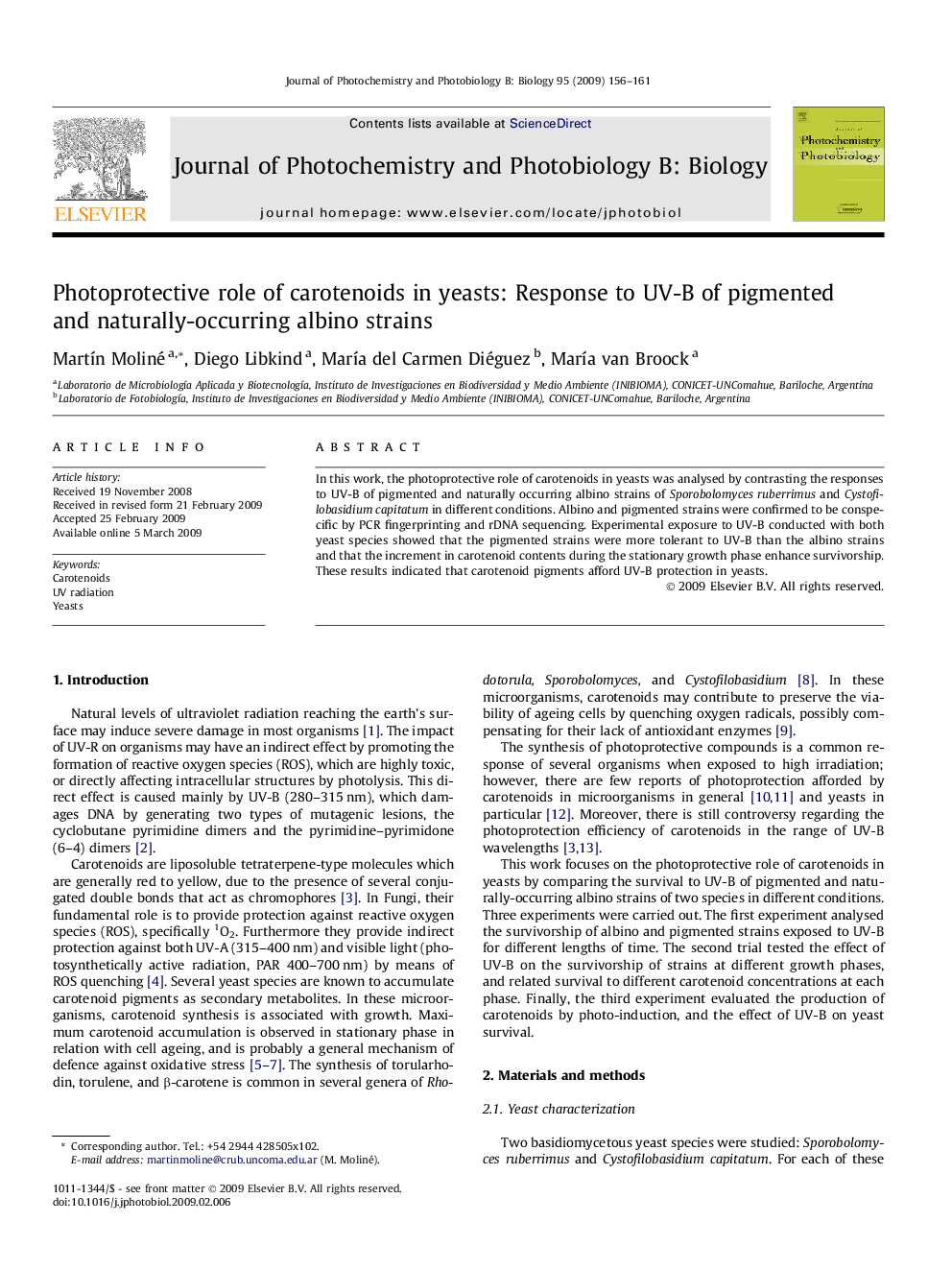 Photoprotective role of carotenoids in yeasts: Response to UV-B of pigmented and naturally-occurring albino strains