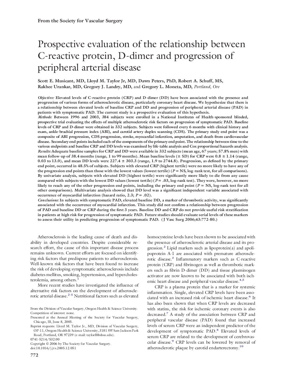 Prospective evaluation of the relationship between C-reactive protein, D-dimer and progression of peripheral arterial disease 