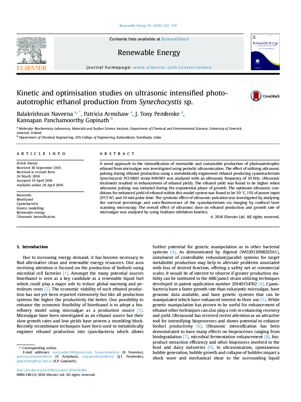 Kinetic and optimisation studies on ultrasonic intensified photo-autotrophic ethanol production from Synechocystis sp.