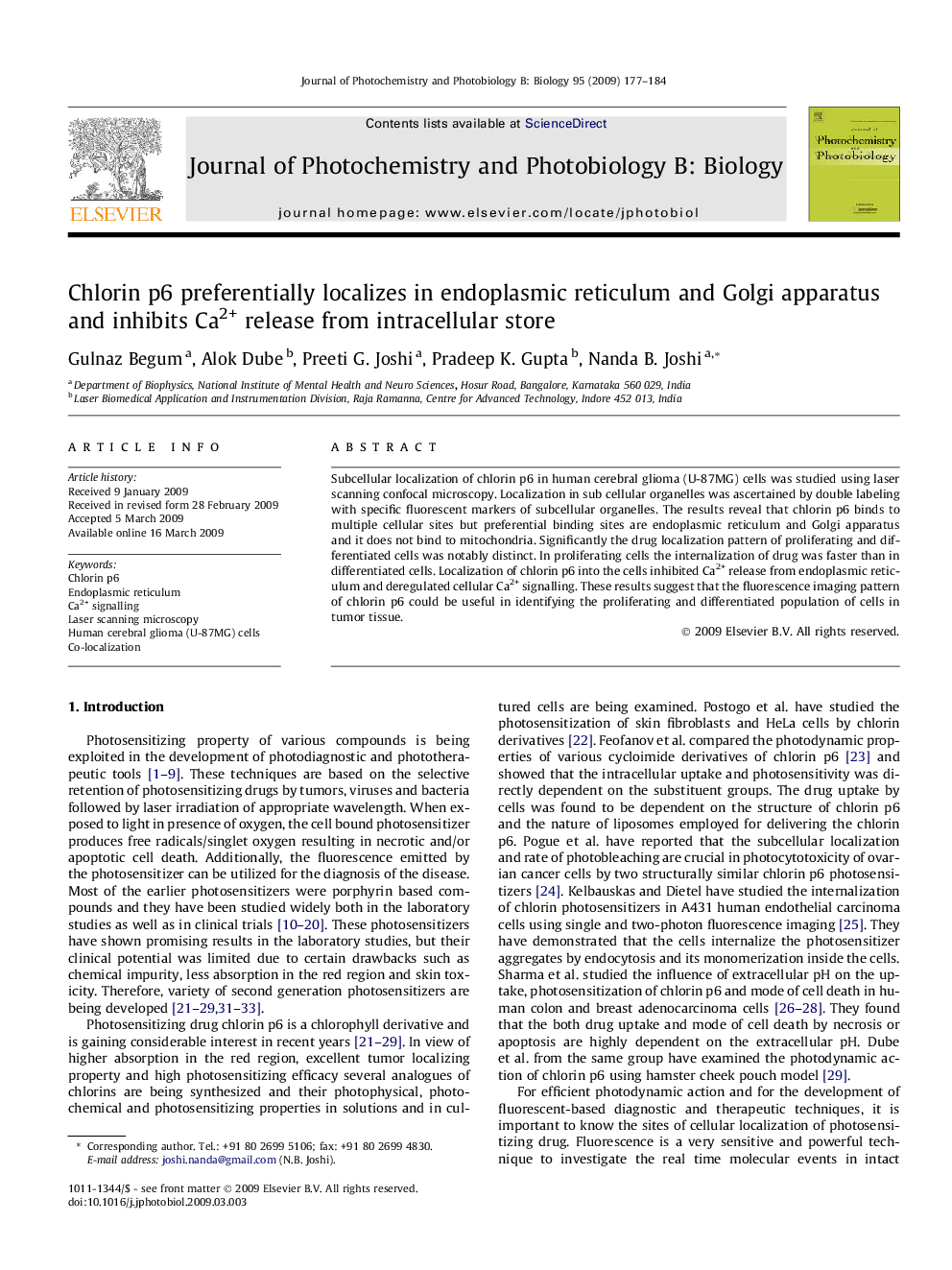 Chlorin p6 preferentially localizes in endoplasmic reticulum and Golgi apparatus and inhibits Ca2+ release from intracellular store