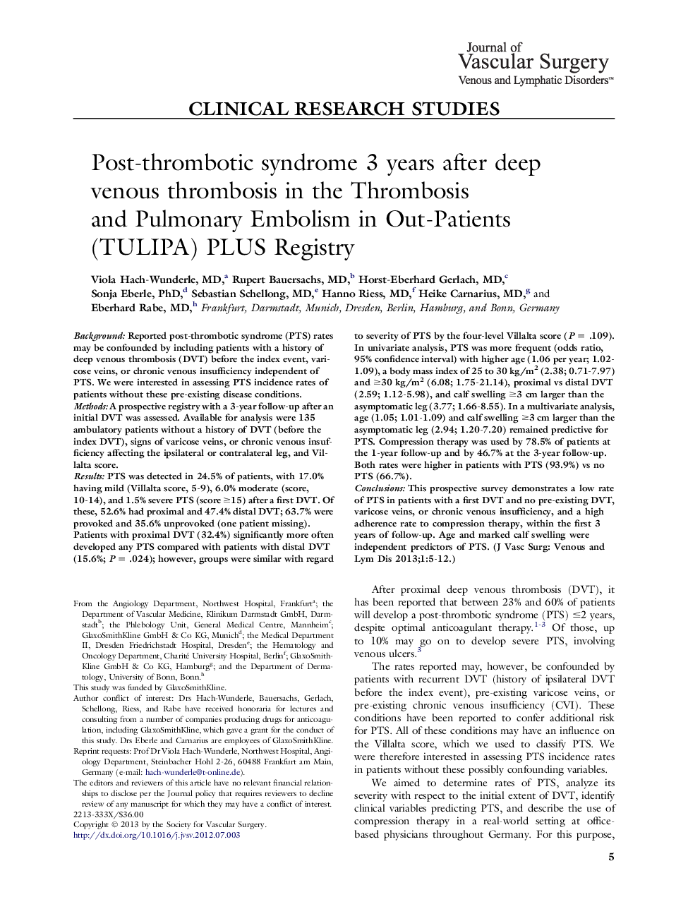 Post-thrombotic syndrome 3 years after deep venous thrombosis in the Thrombosis and Pulmonary Embolism in Out-Patients (TULIPA) PLUS Registry 