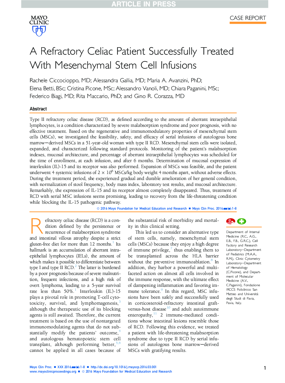 A Refractory Celiac Patient Successfully Treated With Mesenchymal Stem Cell Infusions