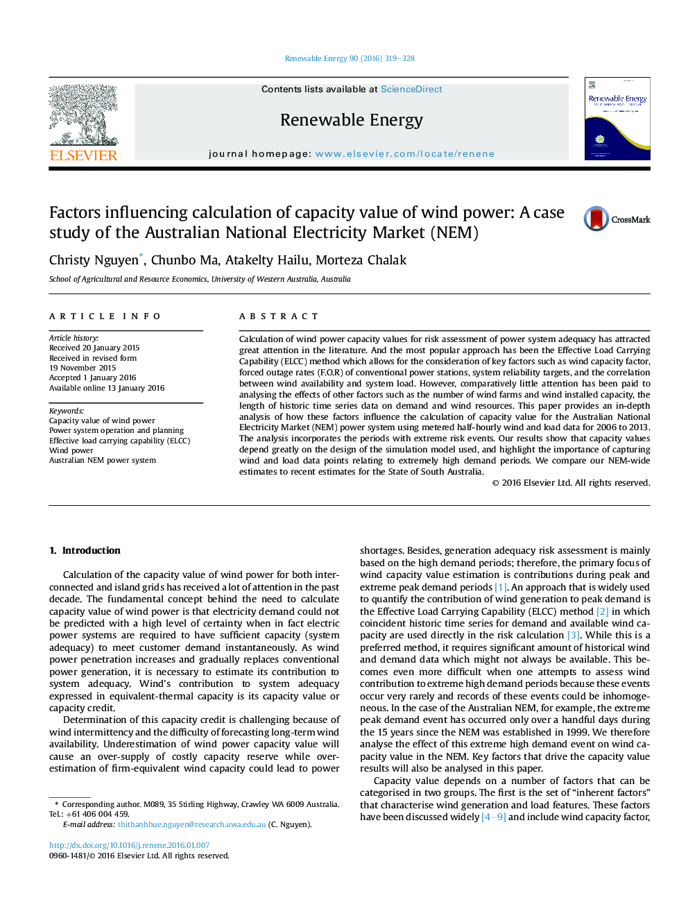 عکس صفحه اول مقاله: Factors influencing calculation of capacity value of wind power: A case study of the Australian National Electricity Market (NEM) Factors influencing calculation of capacity value of wind power: A case study of the Australian National Electricity Market (NEM)