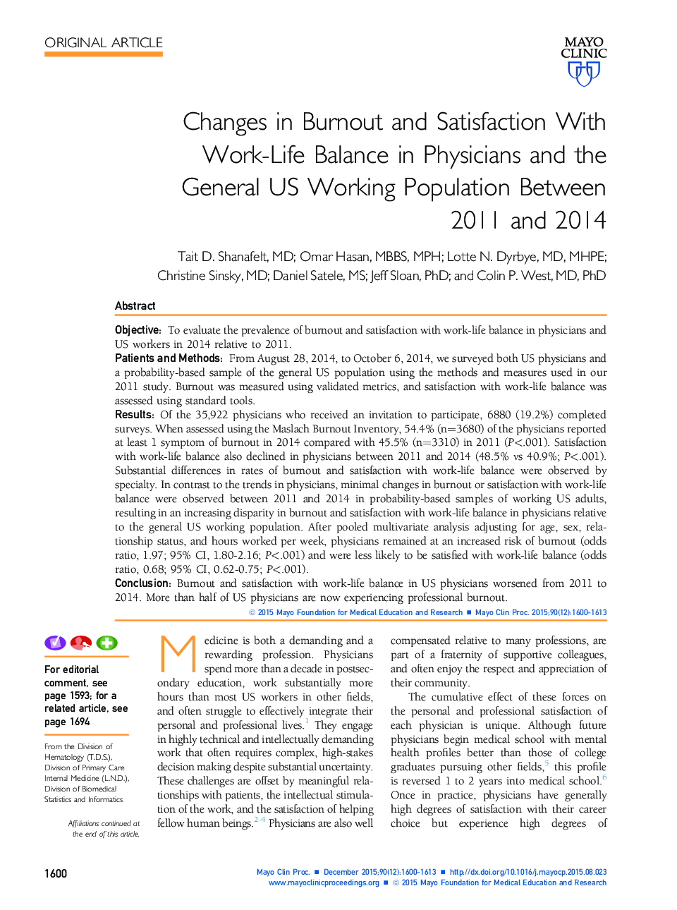 تغییرات فرسودگی و رضایتمندی با تعادل کار در پزشکان و جمعیت کارکنان عمومی آمریکا در سالهای 2011 تا 2014 