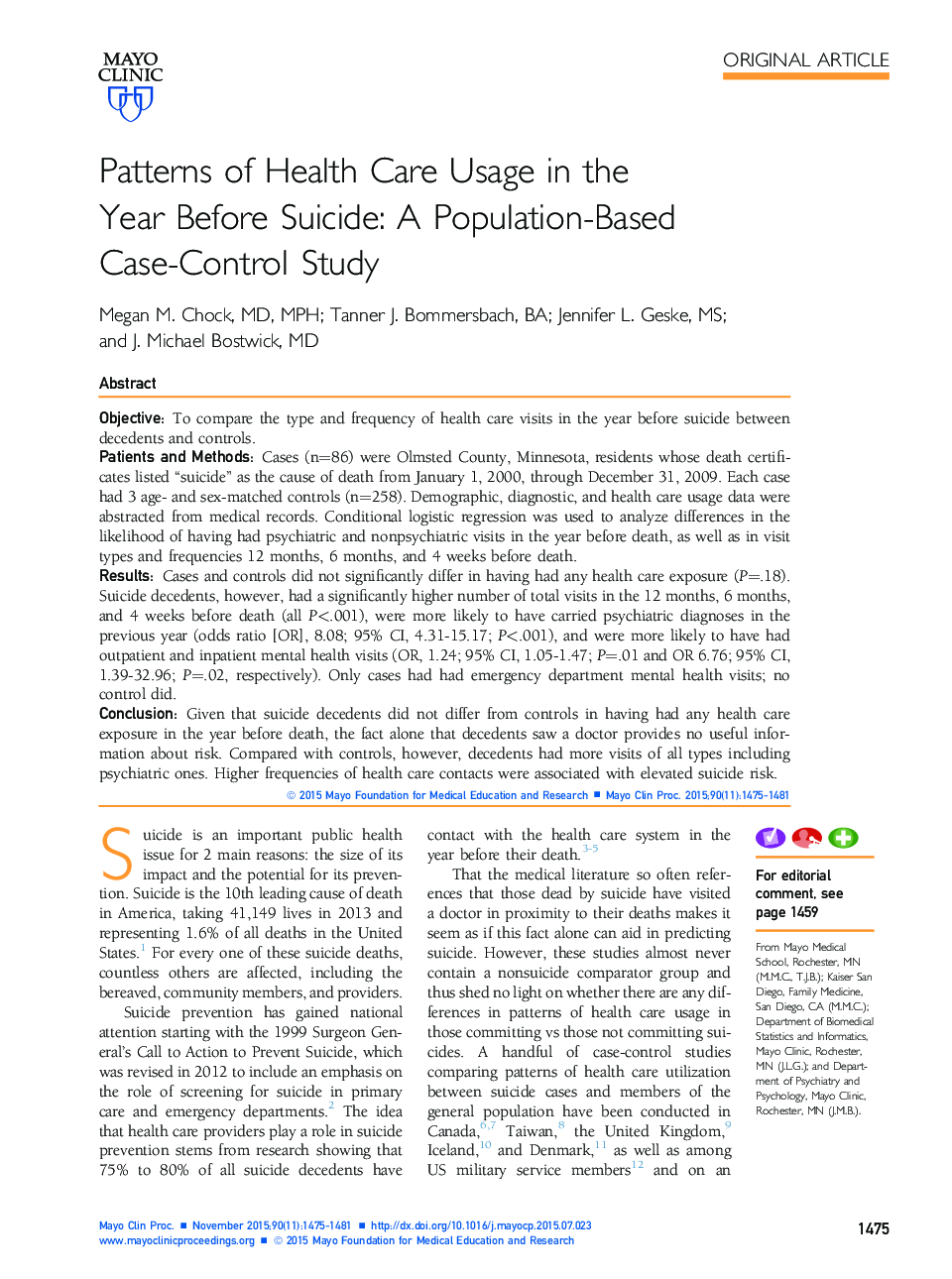 الگوهای استفاده از مراقبت های بهداشتی در سال قبل از خودکشی: مطالعه مبتنی بر جمعیت مبتنی بر مورد-شاهد 