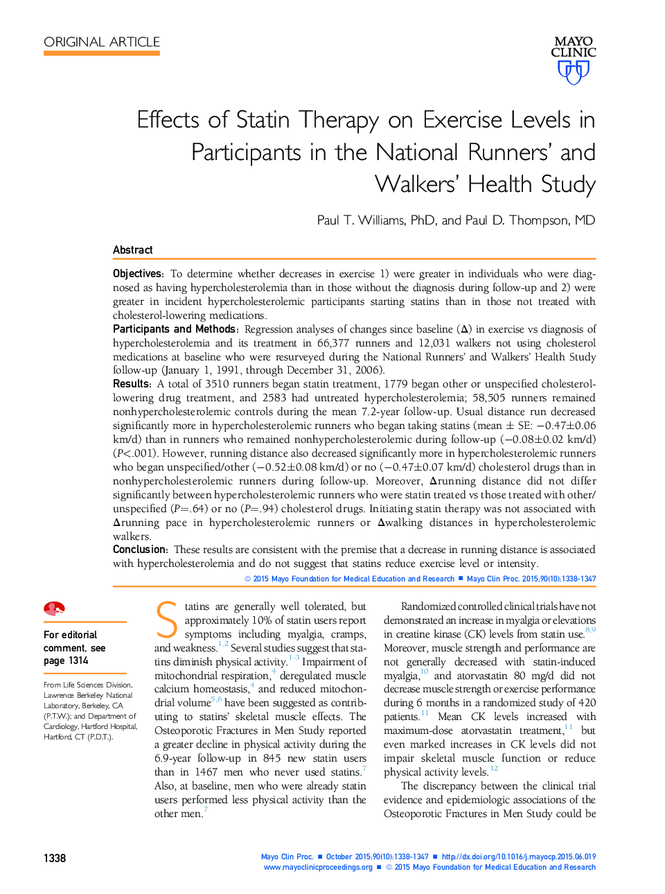 اثرات درمان استاتین بر سطح فعالیت در شرکت کنندگان در مطالعه سلامت رانندگان و پیاده روی ملی 