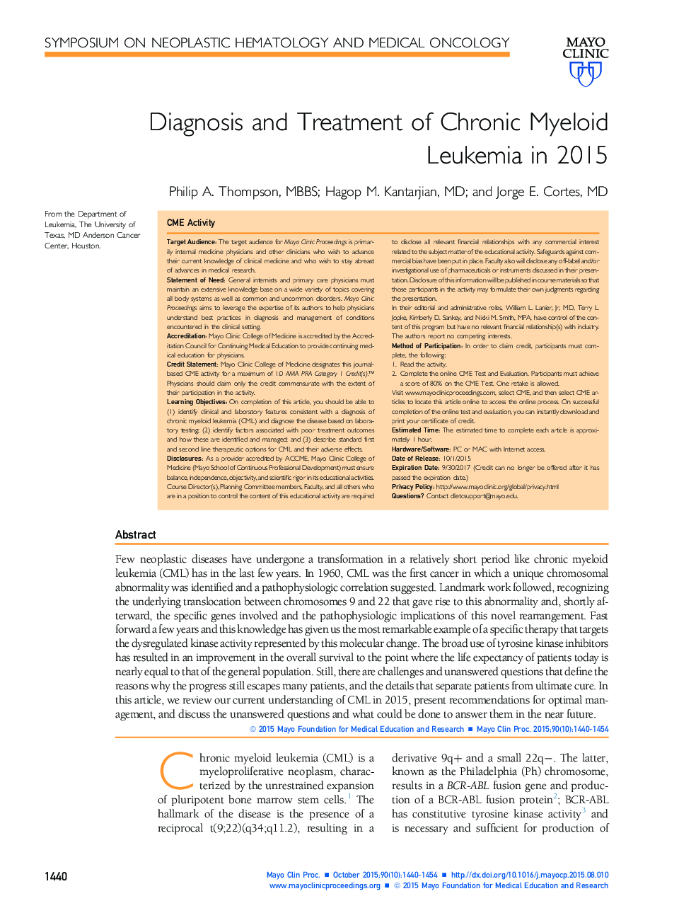 تشخیص و درمان لوسمی مزمن میلوئید در سال 2015 