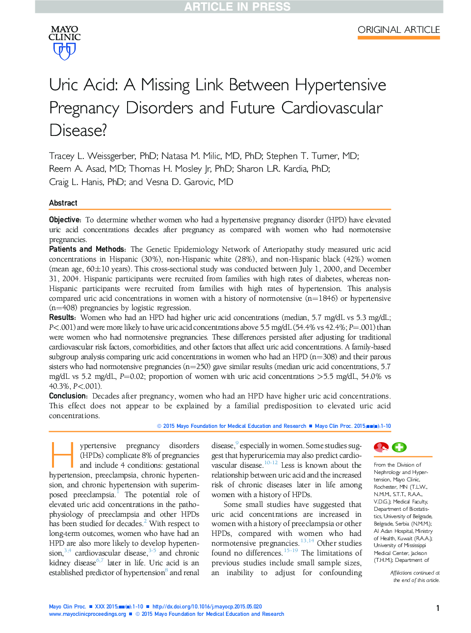 اسید اوریک: ارتباط نامشخص بین اختلالات بارداری با فشار خون بالا و بیماری قلبی عروقی آینده؟ 