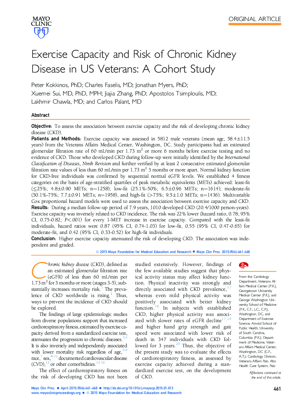 ظرفیت ورزش و خطر بیماری مزمن کلیه در جانبازان آمریکایی: مطالعه کوهورت 