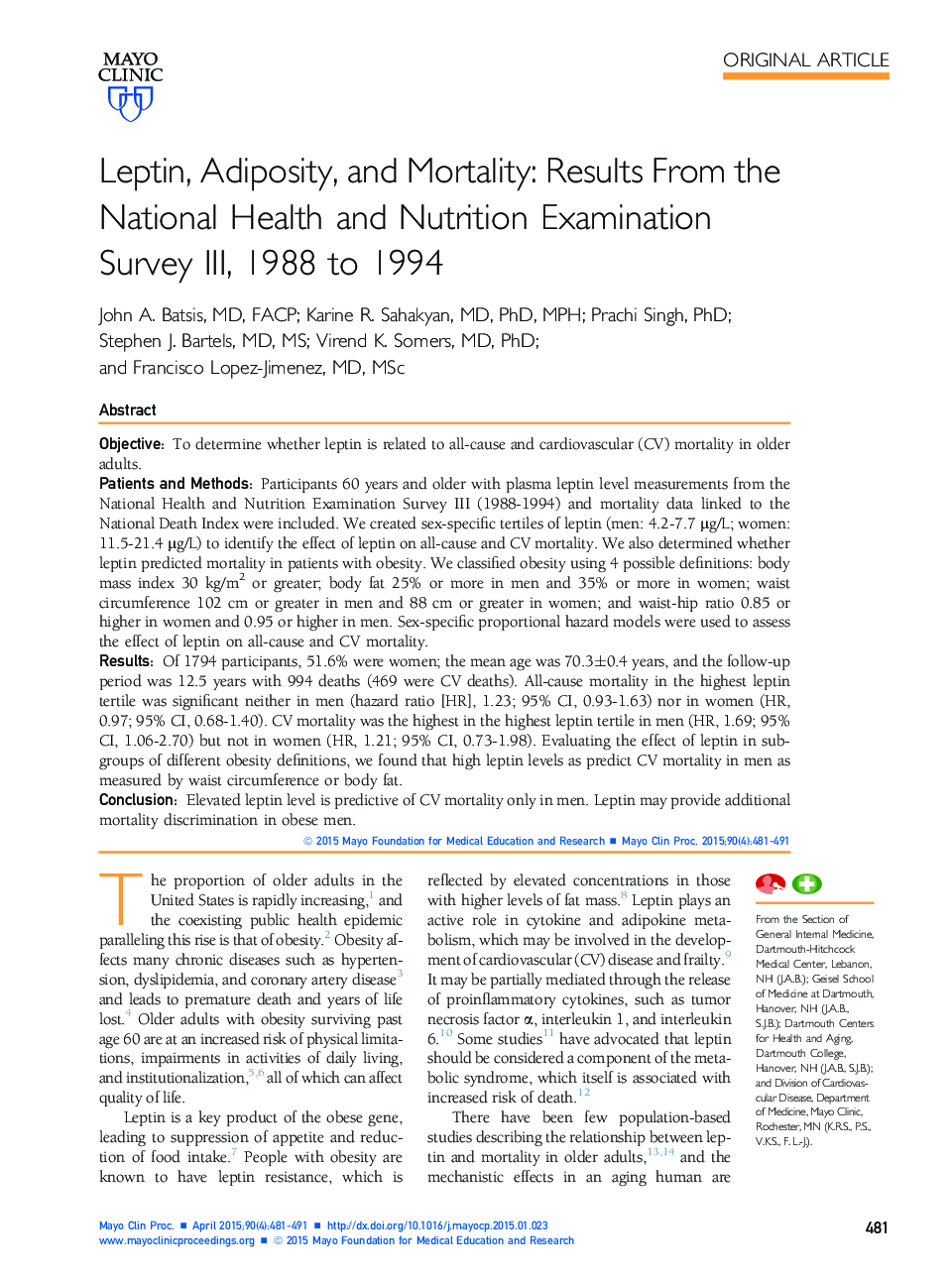 لپتین، چاقی و مرگ و میر: نتایج حاصل از نظر سنجی ملی بهداشت و تغذیه، 1988 تا 1994 