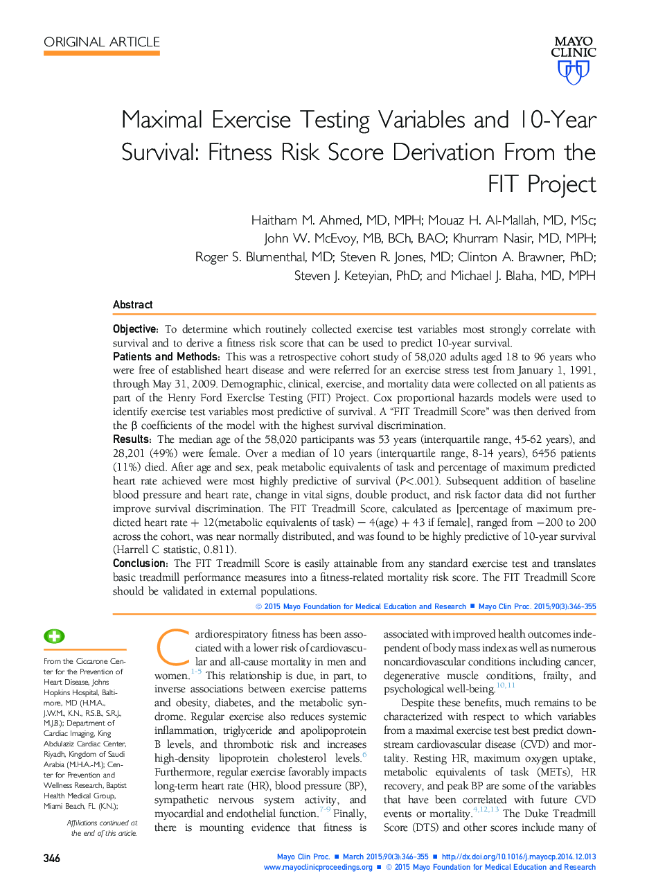 Maximal Exercise Testing Variables and 10-Year Survival: Fitness Risk Score Derivation From the FIT Project