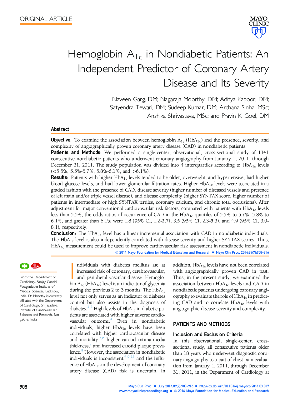 Hemoglobin A1c in Nondiabetic Patients: An Independent Predictor of Coronary Artery Disease and Its Severity